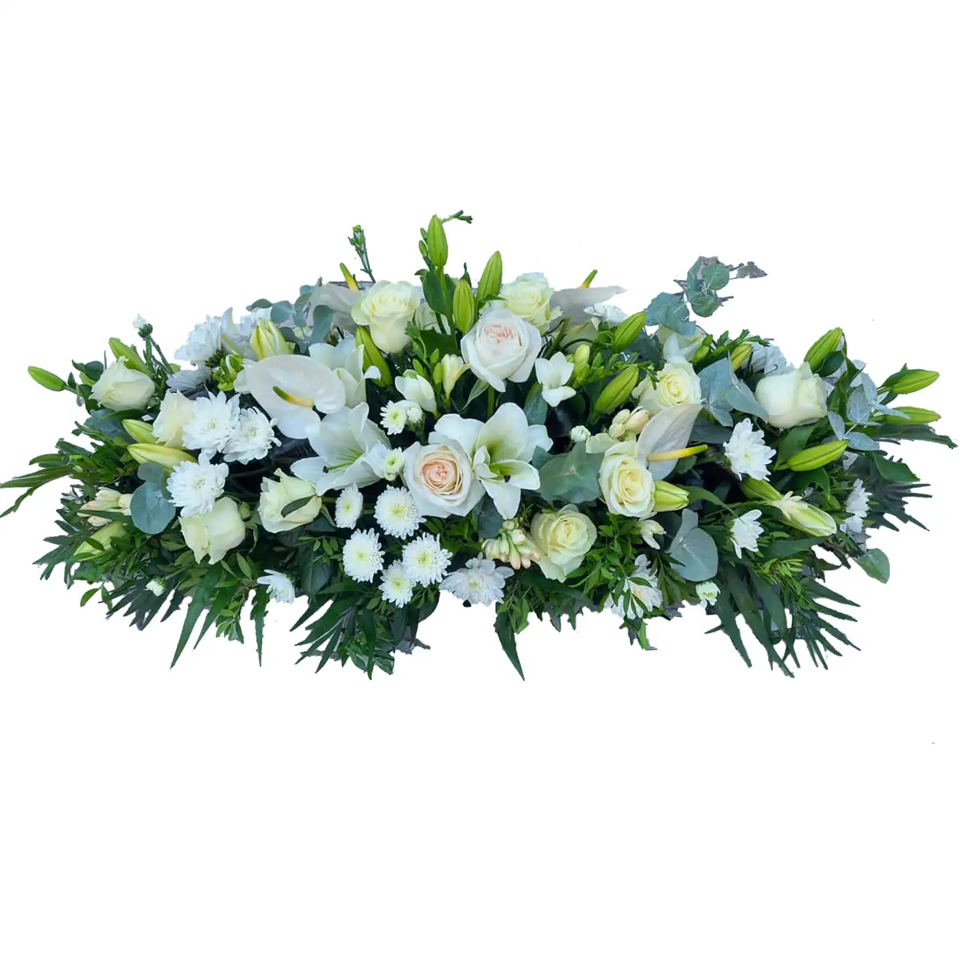Aranjamente Funerare - Aranjament Funerar Puritate – crini anthurium trandafiri chrysanteme albe, Fleurange Baia Mare