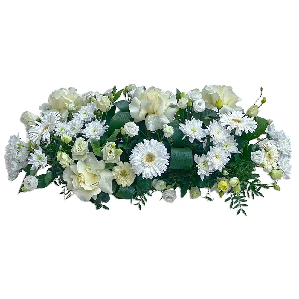 Aranjamente Funerare - Aranjament Funerar Rămas Bun – Trandafiri Gerbera Lisianthus Crizanteme Albe, Fleurange Baia Mare