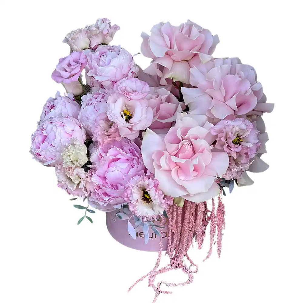 Aranjamente Flori Mixte - Aranjament Soft – Trandafiri, Bujori și Lisianthus în Cutie Catifea, Fleurange Baia Mare