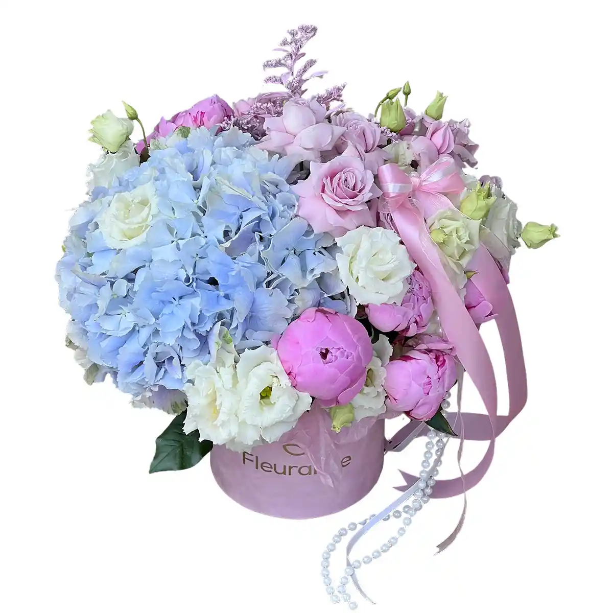 Aranjamente Flori Mixte - Aranjament Tender Bloom – bujori, hortensie si lisianthus in cutie catifea, Fleurange Baia Mare