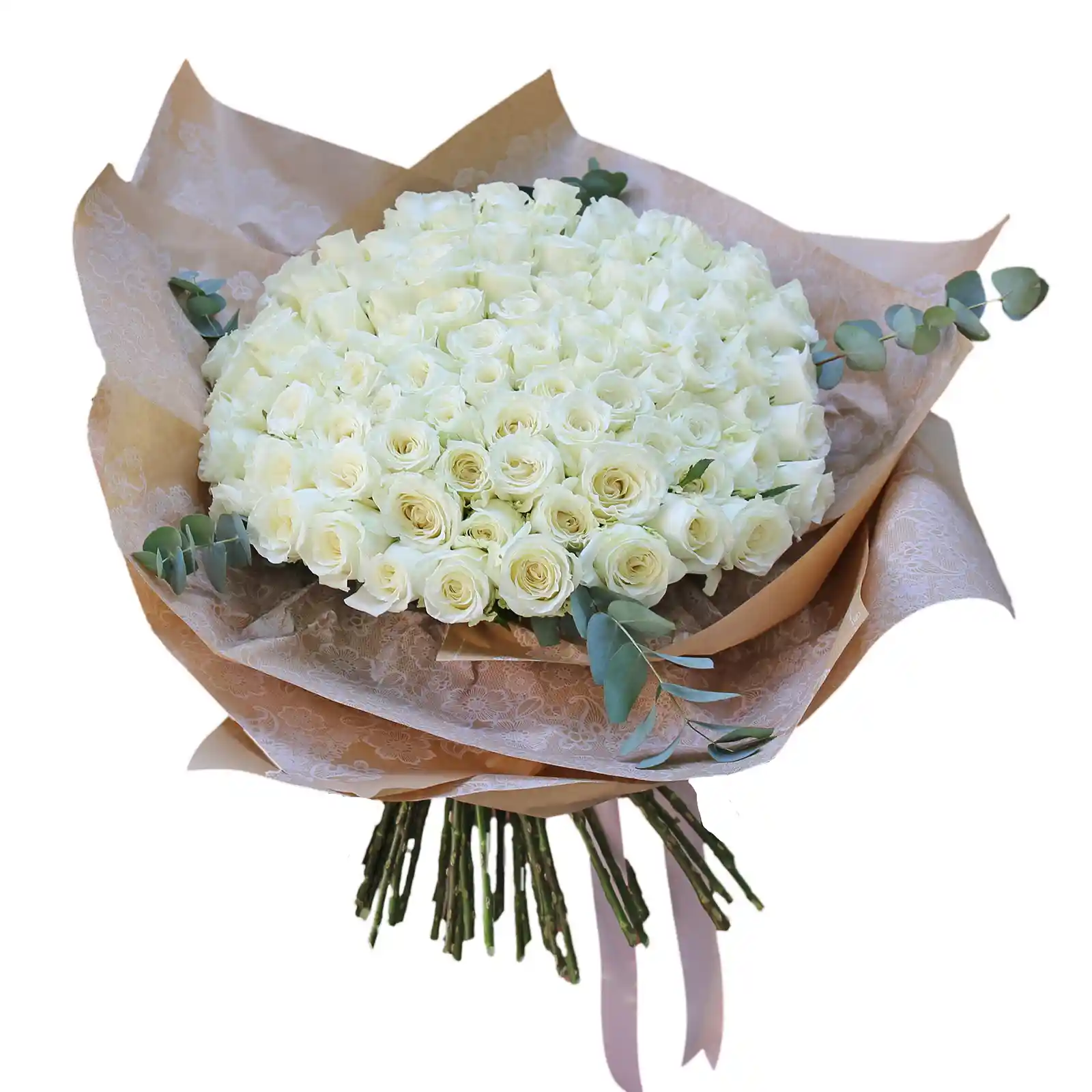 Buchet 101 Trandafiri Albi – trandafiri albi cu eucalipt, Fleurange Baia Mare