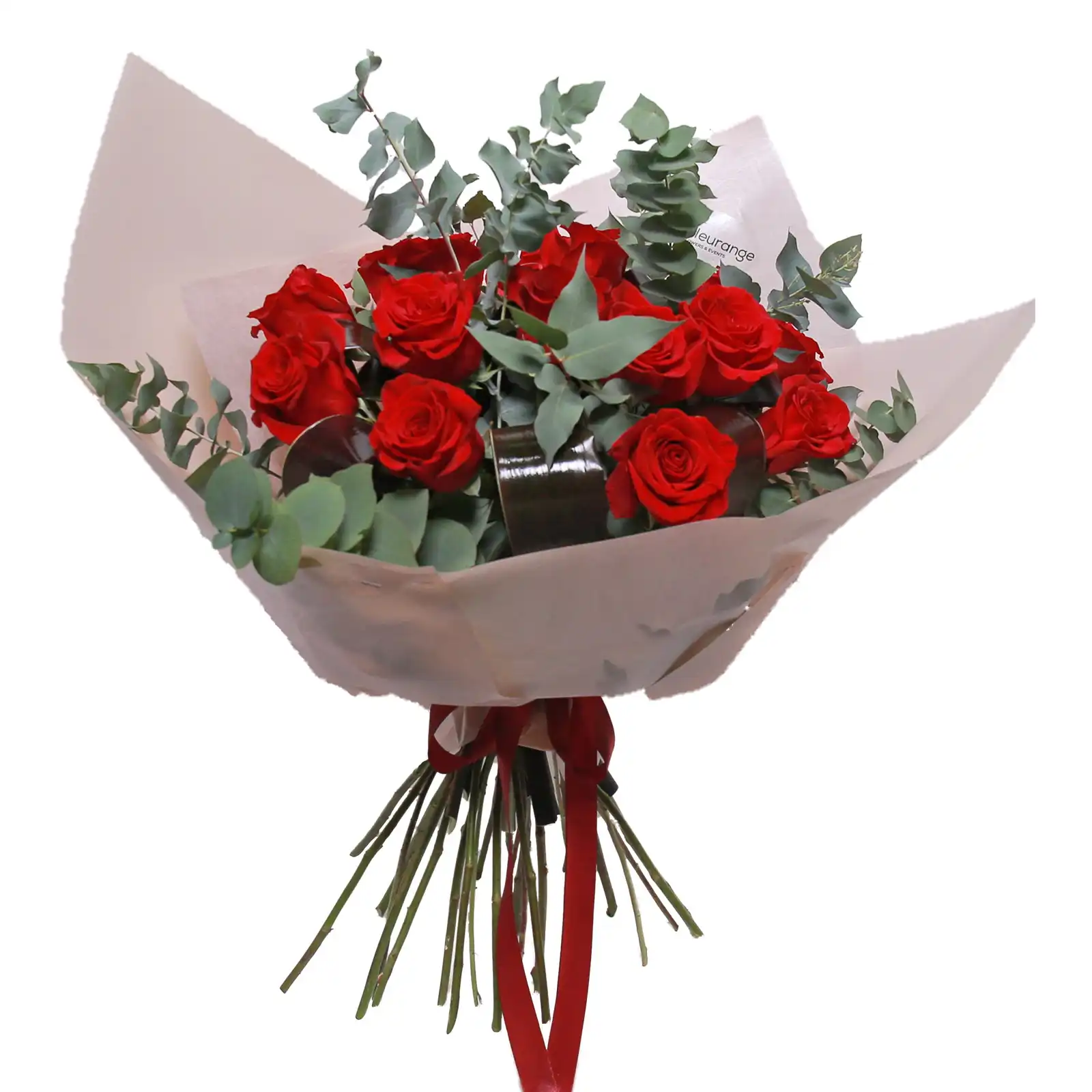 Buchet 15 Trandafiri Roșii, Eucalipt și Black Cordyline