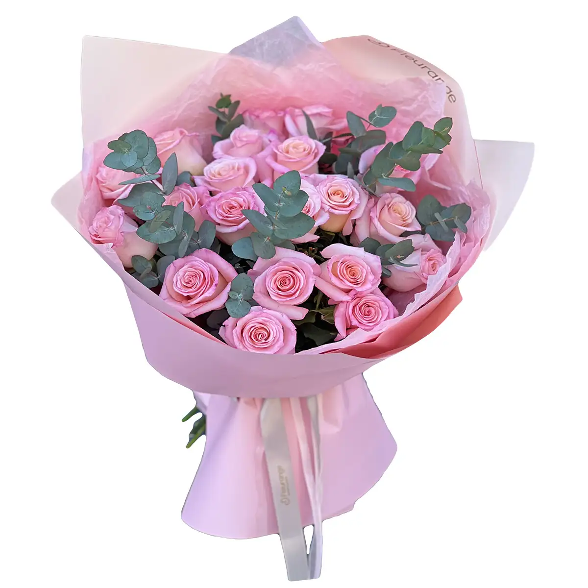 Buchete Trandafiri Roz - Buchet 21 Trandafiri Roz – trandafiri roz, eucalipt, pistacia, Fleurange Baia Mare