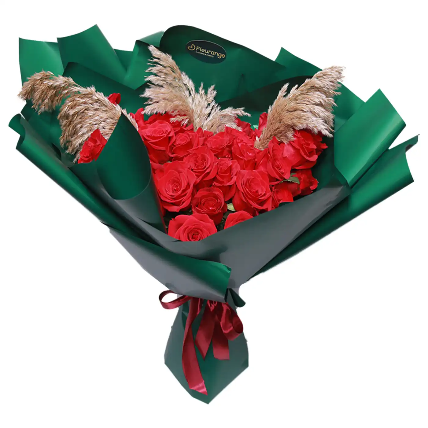 Buchet 35 Trandafiri Rosii – trandafiri rosii cu pampas piramidal, Fleurange Baia Mare