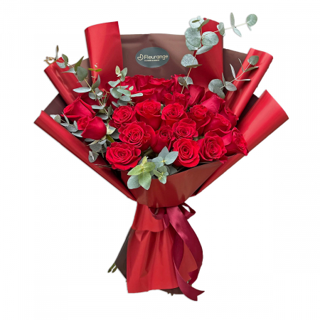 Buchet 25 Trandafiri și Eucalipt - Aranjament floral elegant cu note verzi