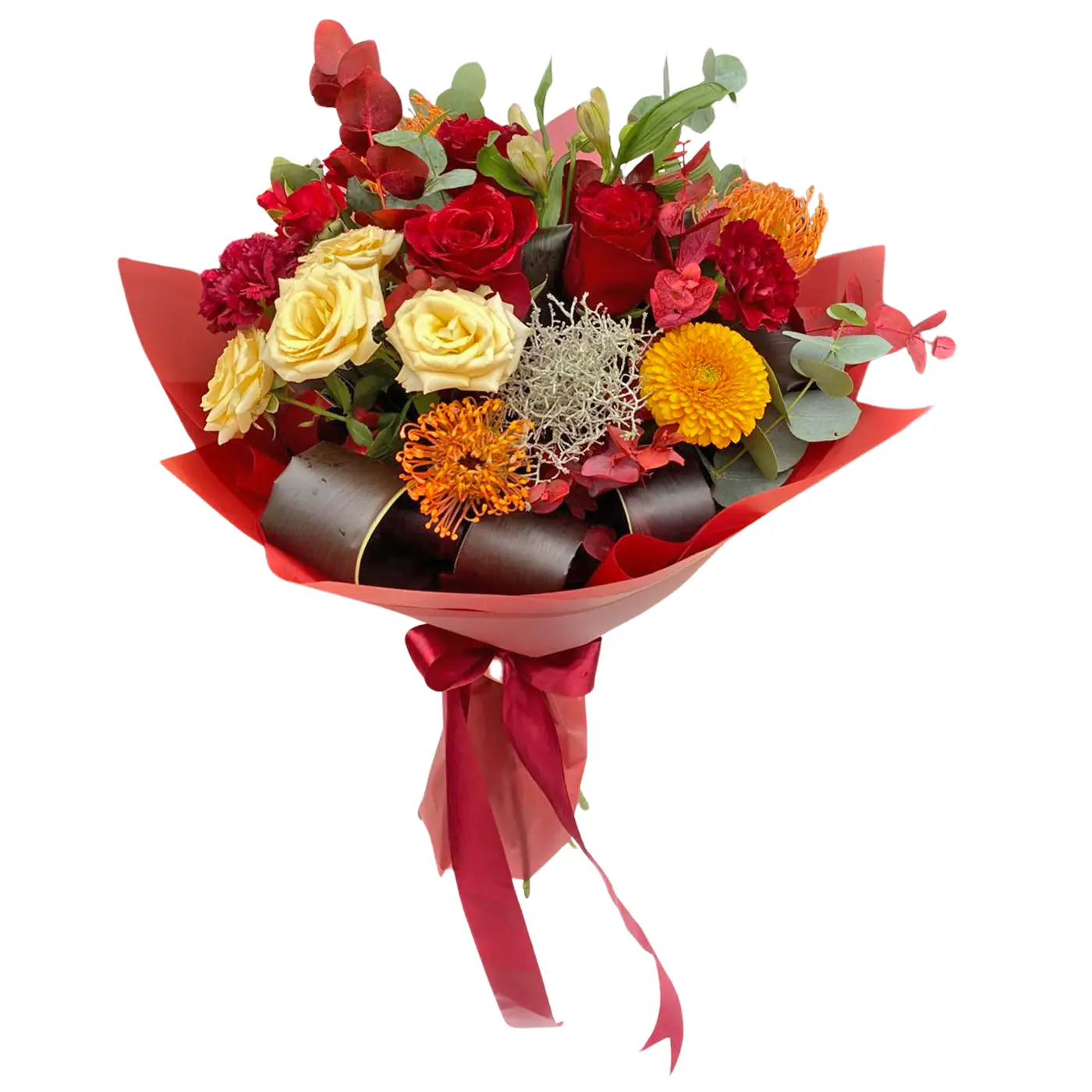 Flori pentru Onomastica - Buchet Amurg – leucospermum dalii trandafiri crizantema cordyline calocephalus, Fleurange Baia Mare