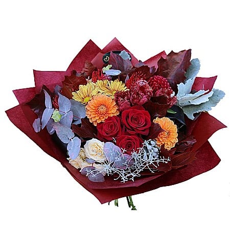 Buchete Flori - Buchet Amurg cu dalii, trandafiri, crizanteme și frunziș de toamnă