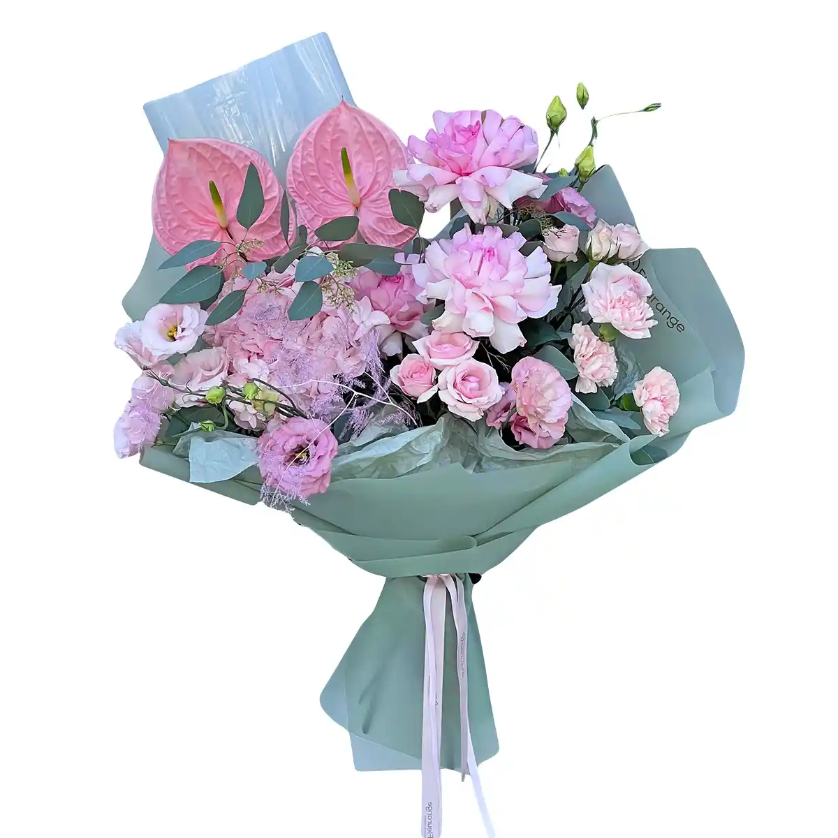 Buchet Aurora – anthurium hortensie garoafe pampas roz verde, Fleurange Baia Mare