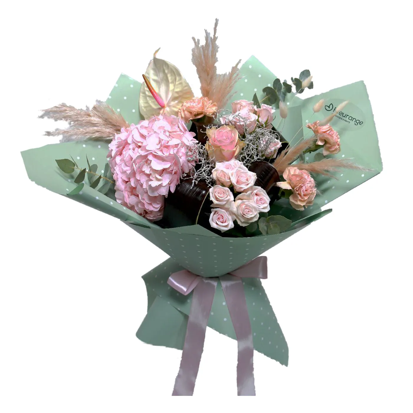 Buchete Hortensii - Buchet Aurora – anthurium hortensie garoafe pampas roz verde, Fleurange Baia Mare