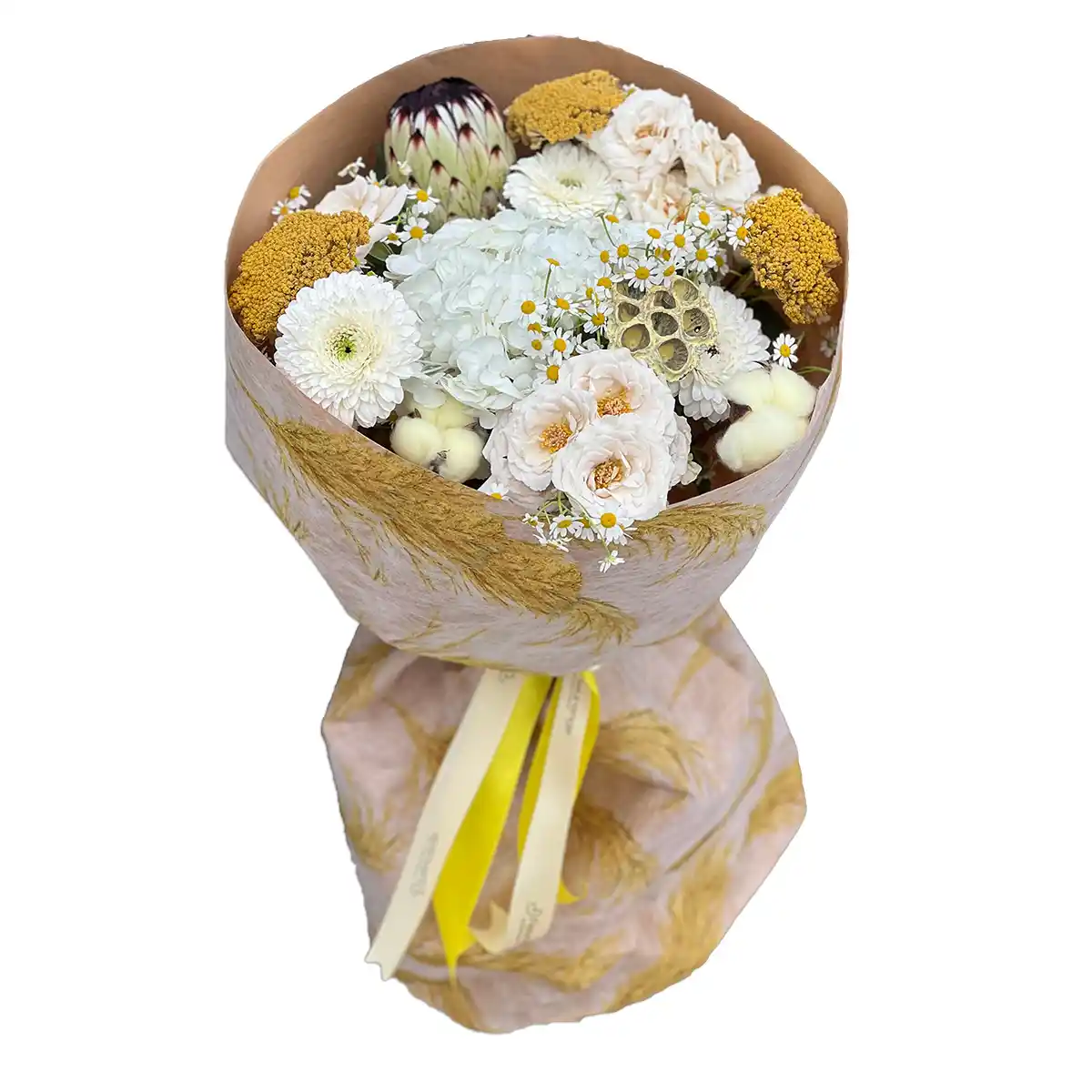 Buchet Flori Albe și Galbene – protea, hortensia, germini, Fleurange Baia Mare