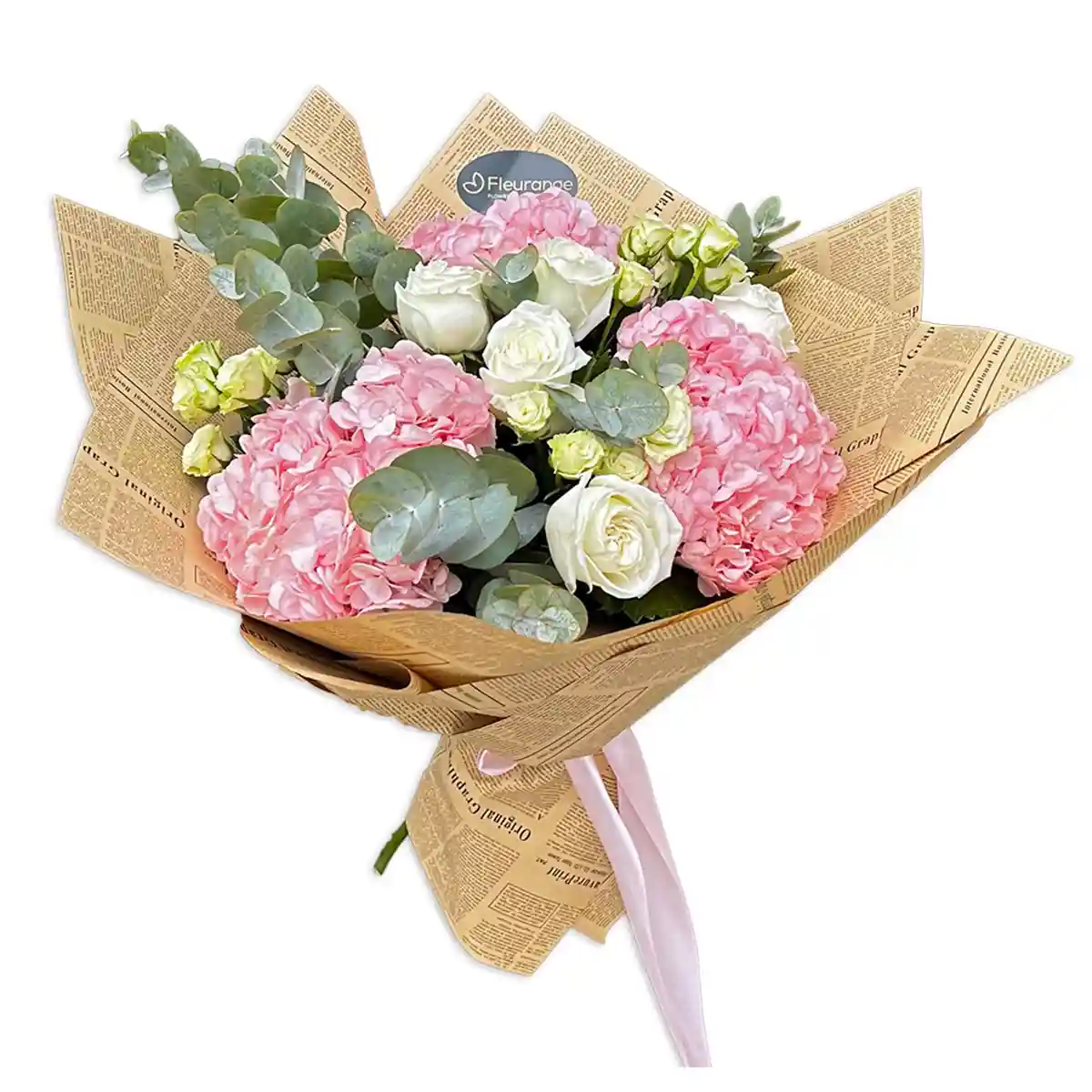 Buchet cu Hortensii si Trandafiri – hortensii albe, trandafiri albi, eucalipt, Fleurange Baia Mare