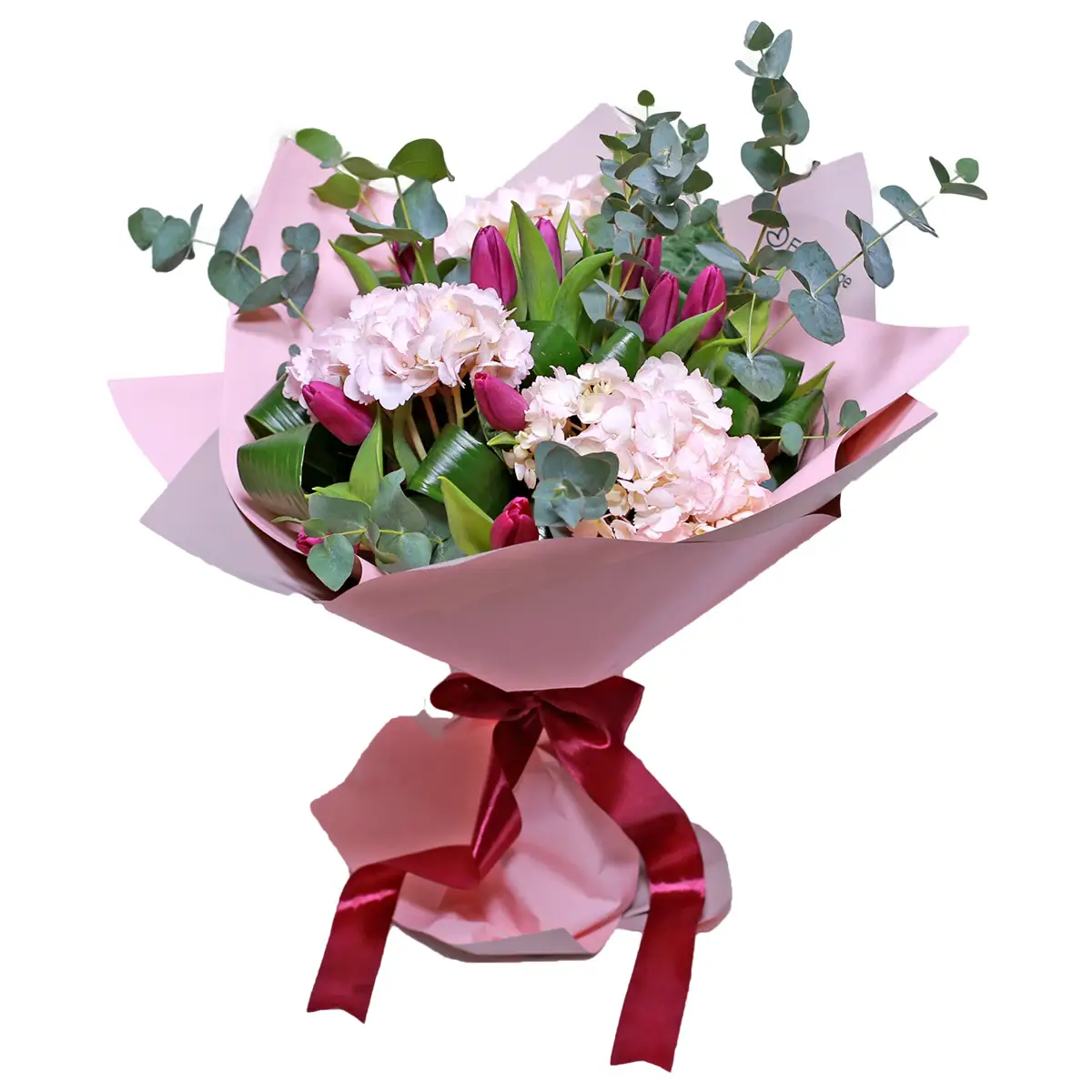 Buchet cu Lalele si Hortensii – 10 lalele, 3 hortensii mov, aspidistra, Fleurange Baia Mare