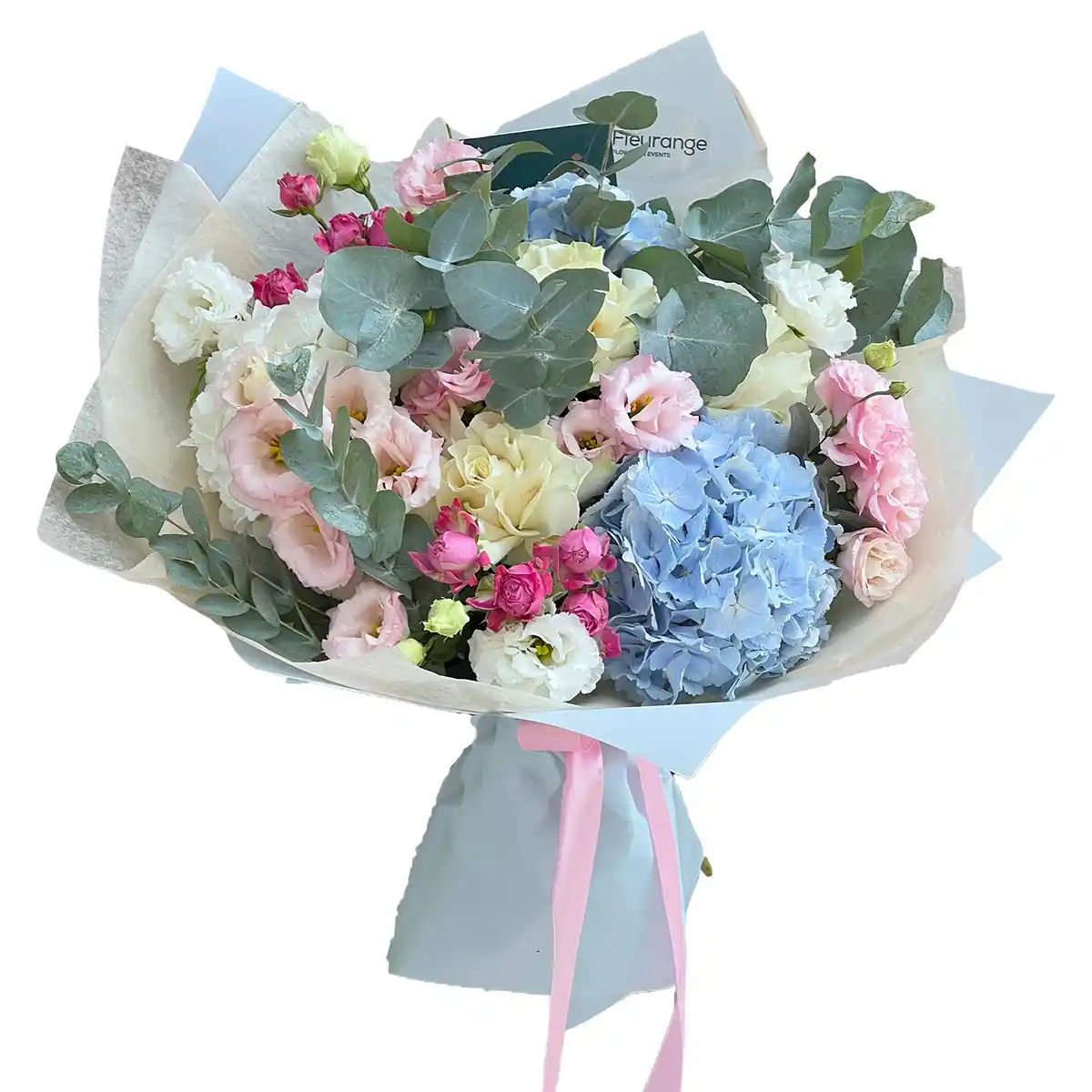 Buchete Mixte in Baia Mare - Buchet Delightful – hortensii dahlii trandafiri piramidal roz albastru, Fleurange Baia Mare