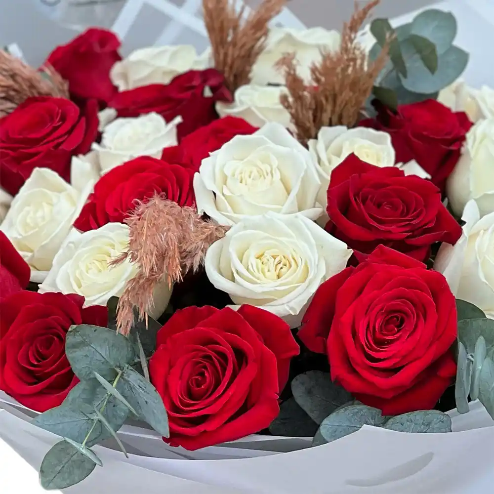 Buchet Elegance – trandafiri rosii si albi cu pampas, Fleurange Baia Mare [1]