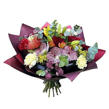Pentru Bunica - Buchet Exotic cu orhidee Vanda, dalii, crini asiatici și garoafe – aranjament colorat