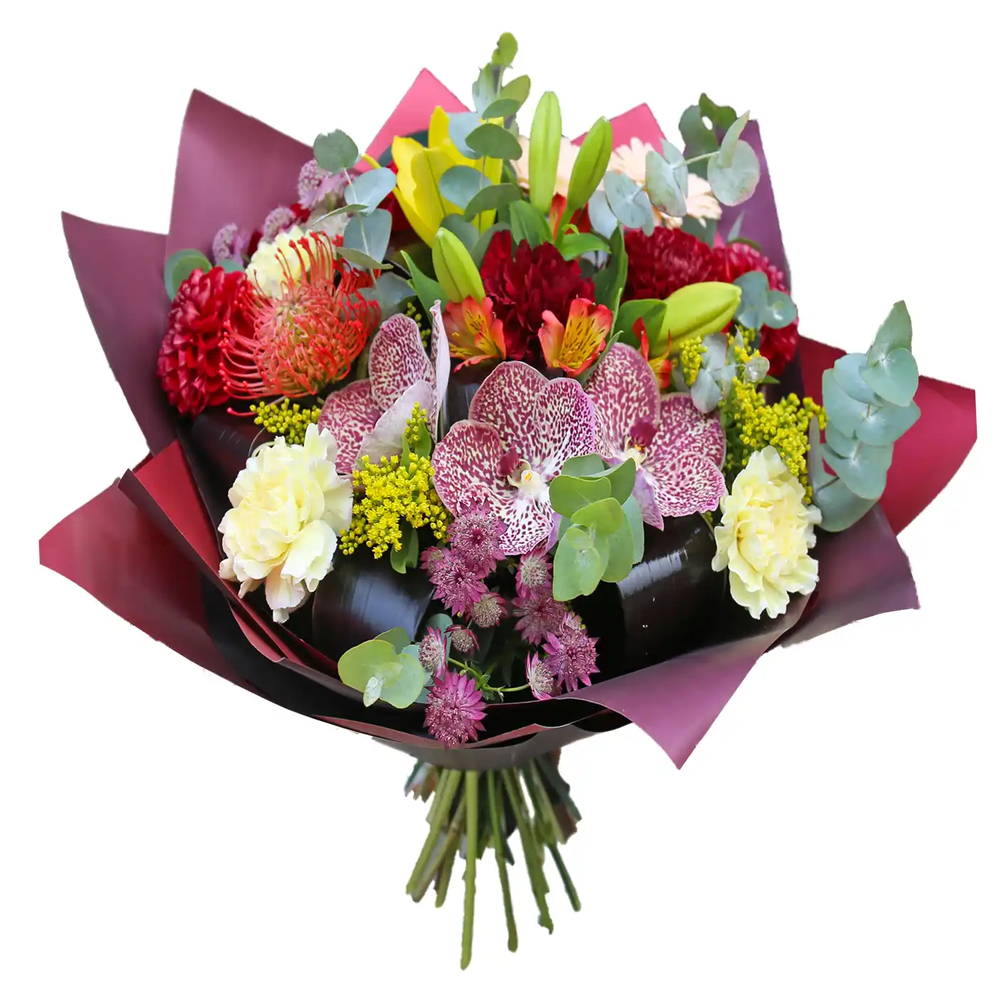 Flori Pentru Bunica - Buchet Exotic – vanda dahlia leucospermum crini asiatici cordyline, Fleurange Baia Mare