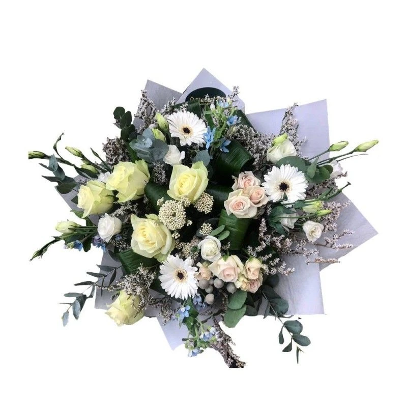 Buchete Mixte - Buchet Fantezie Alba – trandafiri albi lisianthus germini brunia aspidistra, Fleurange Baia Mare