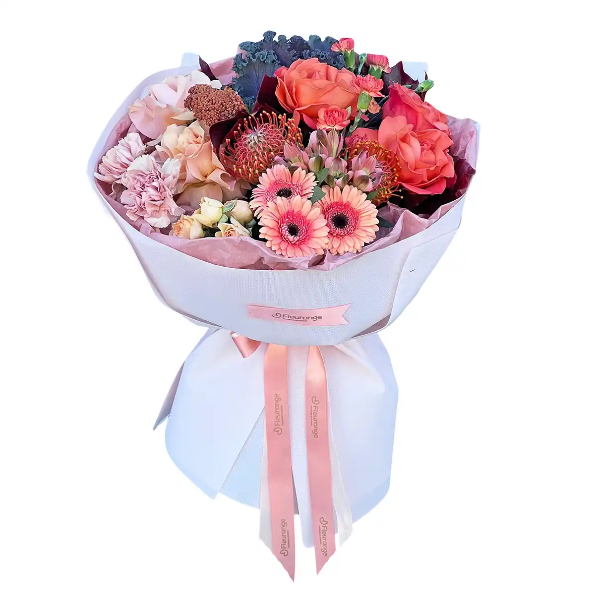 Buchet Somon si Piersica - protea, trandafiri peach si germini, Fleurange Baia Mare [0]