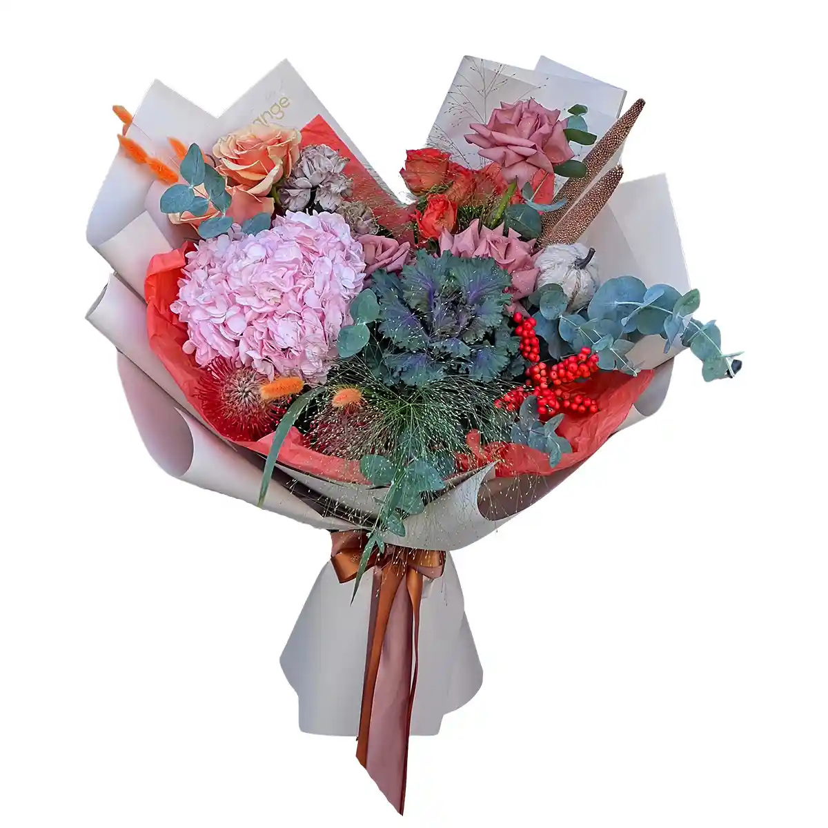 Buchete Mixte in Baia Mare - Buchet Happy Day - hortensia trandafiri petalati leucospermum lagurus, Fleurange Baia Mare