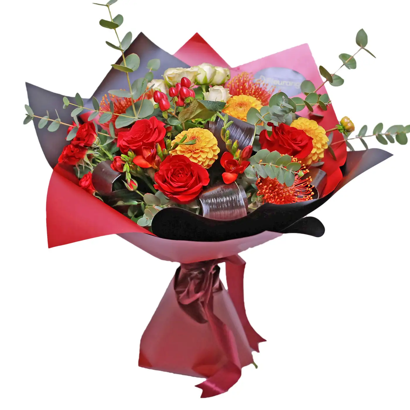 Buchet Harvest – dalii, leucospermum, frezii, trandafiri, cordyline negru, Fleurange Baia Mare
