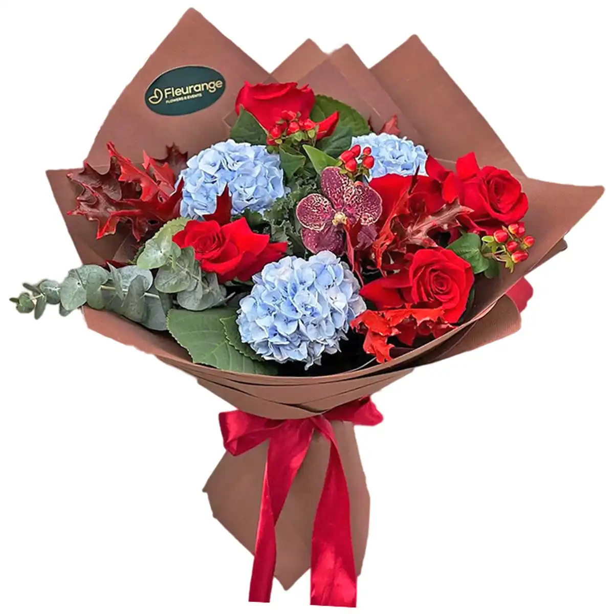 Buchet Hortensii Albastre si Trandafiri Rosii – hortensii albastre, trandafiri rosii, orhidee Vanda, Fleurange Baia Mare