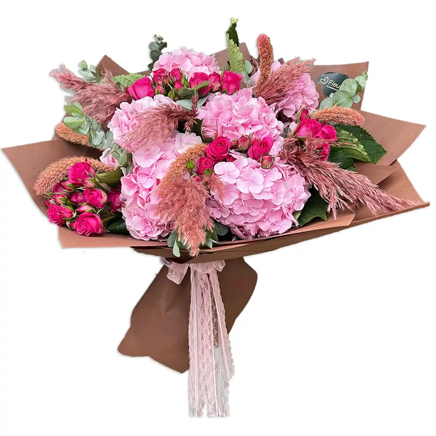Buchet Hortensii si Mini-Rose – 6 hortensii roz pampas eucalipt, Fleurange Baia Mare