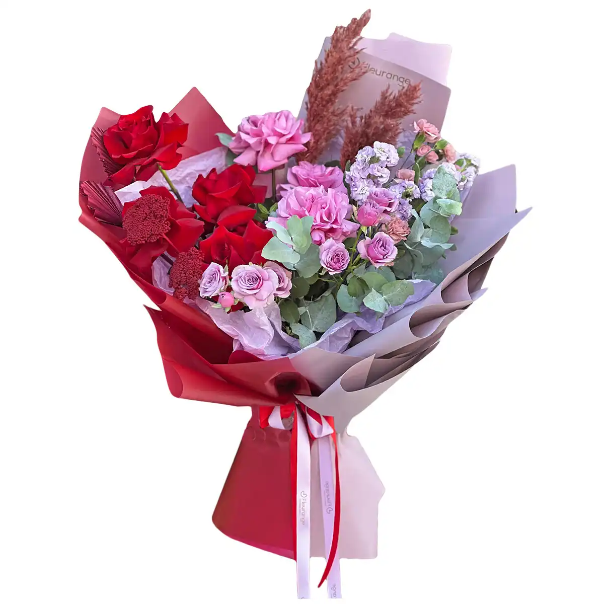 Buchet Lila and Red - trandafiri rosii si matthiola mov, Fleurange Baia Mare
