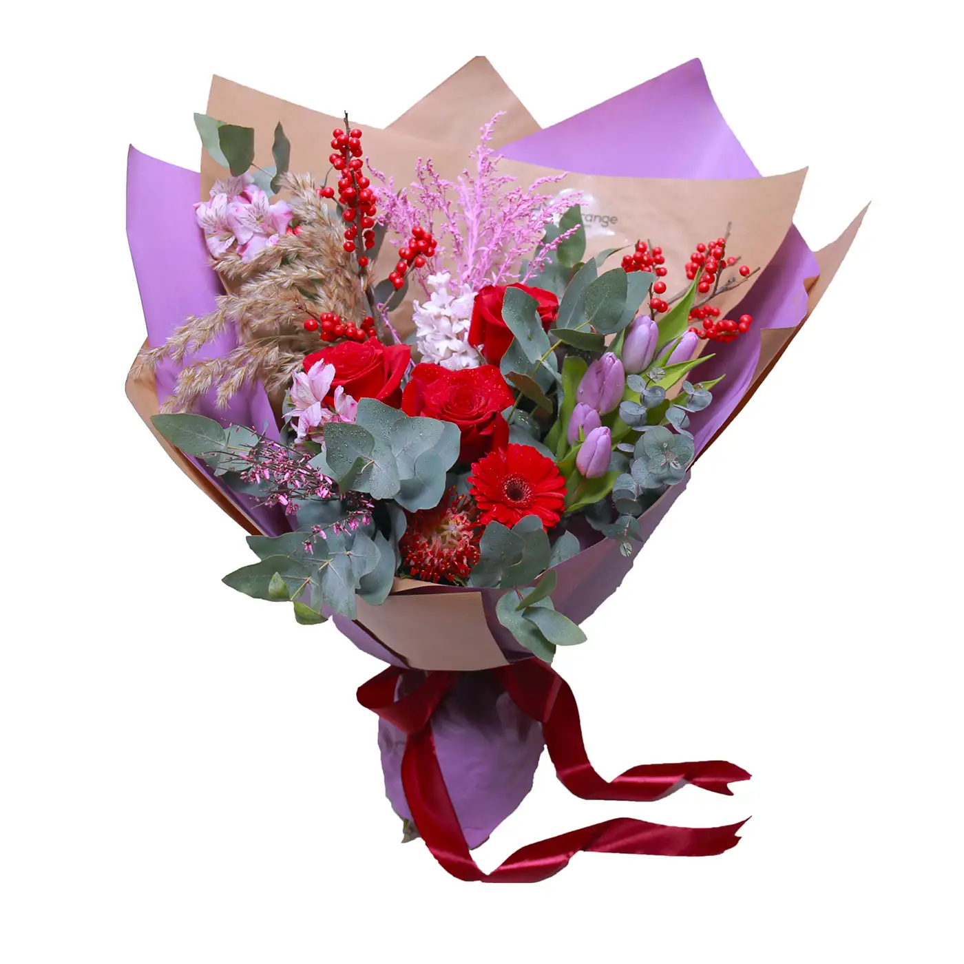 Buchet Lila and Red – zambila lalele trandafiri leucospermum lila rosu, Fleurange Baia Mare