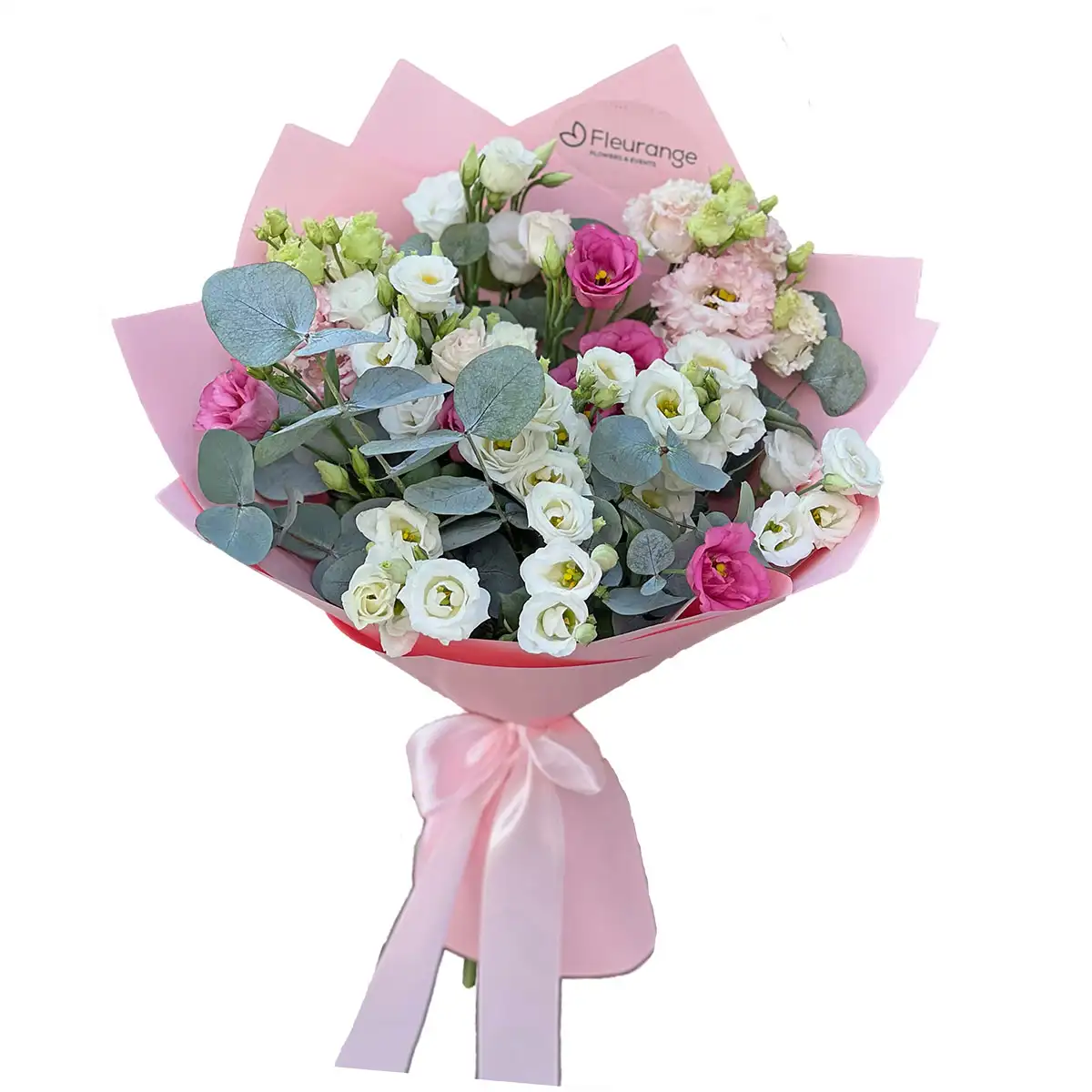 Buchet Lisianthus Alb și Roz – Eustoma cu Eucalipt Cinerea, Fleurange Baia Mare