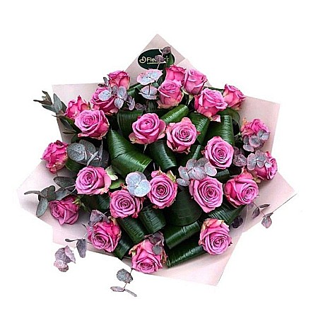 Pentru Iubita - Buchet Mauve cu 25 de trandafiri roz-mov, eucalipt și aspidistra – cadou elegant pentru iubită, aniversare sau zi de naștere