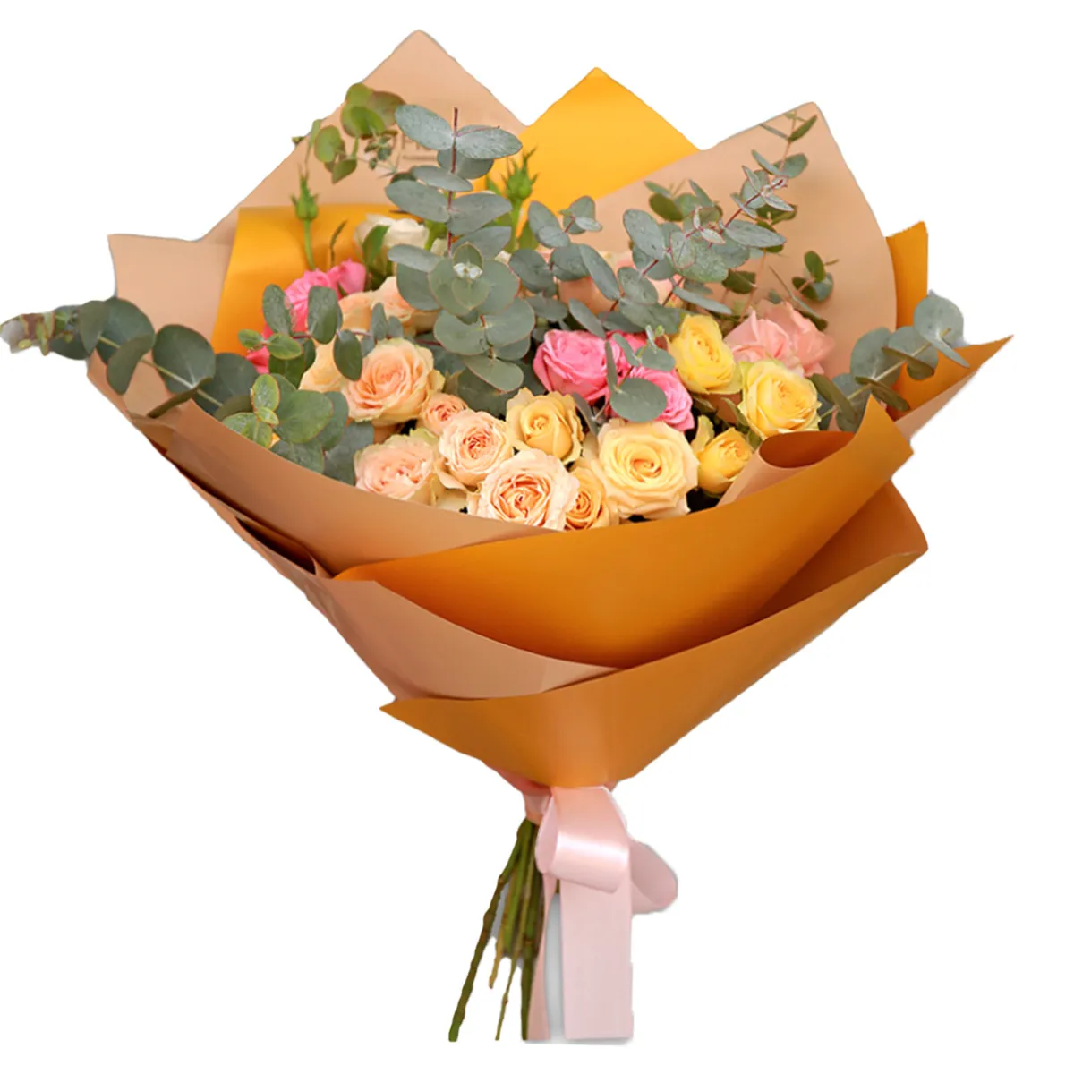 Buchet Mini-rosa – 11 mini-rosa color eucalipt pistacia, Fleurange Baia Mare