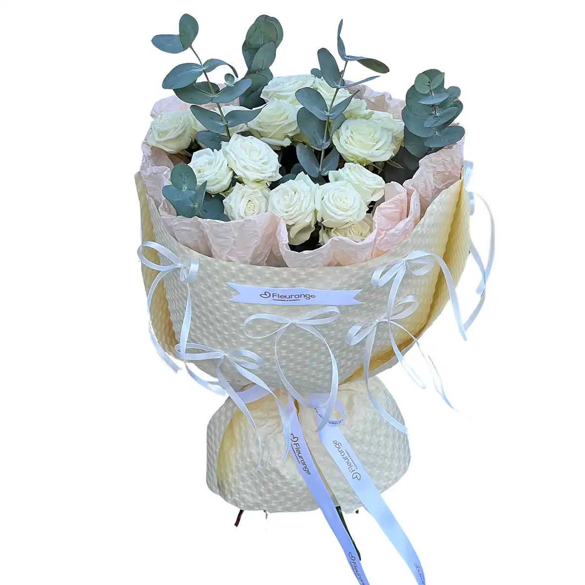 Buchete Trandafiri Albi - Buchet Mini Rose Albe – mini-rosa albe cu eucalipt si pistacia, Fleurange Baia Mare