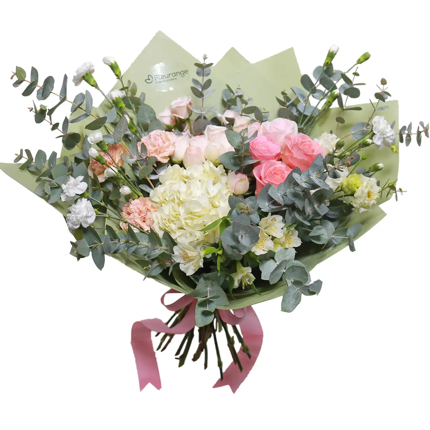 Buchete Hortensii - Buchet Missing You – hortensia trandafiri garoafe alstroemeria roz peach, Fleurange Baia Mare
