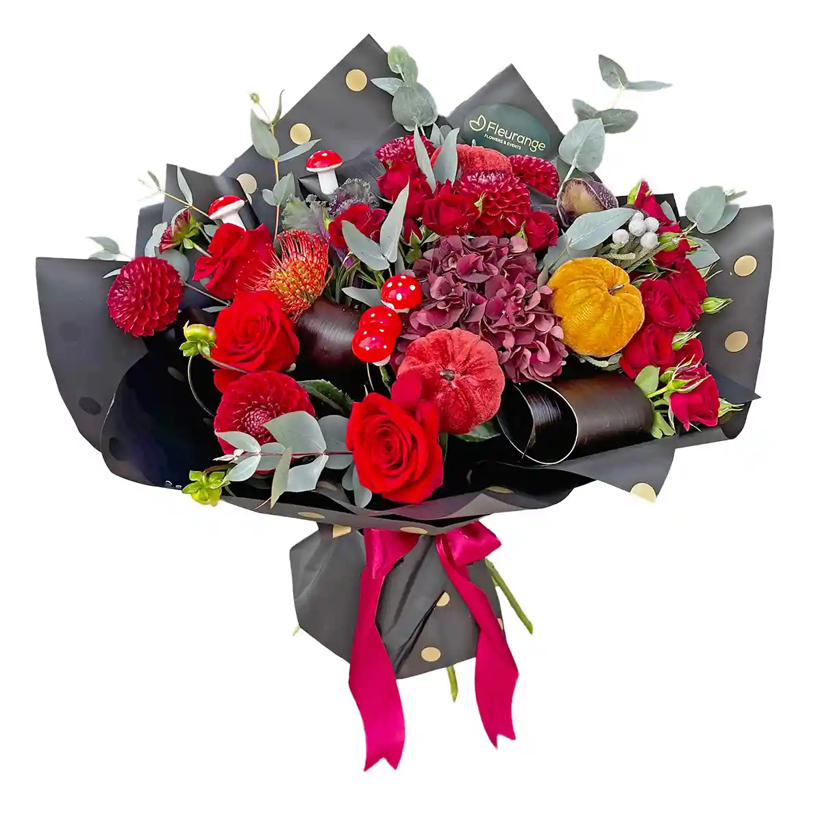 Buchet Misterul Toamnei – dovleci ornamentali, dalii, orhidee vanda, cordyline negru, Fleurange Baia Mare