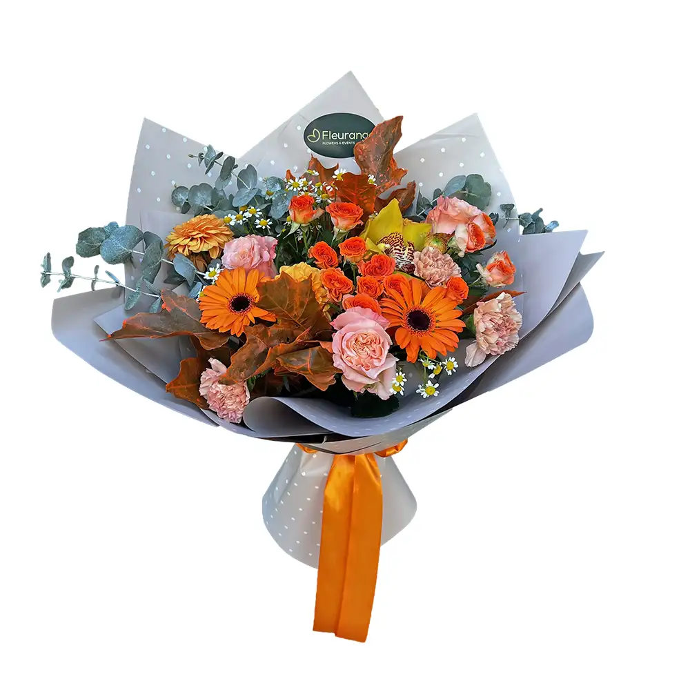 Buchet Orange Autumn – dalii, orhidee cymbidium, trandafiri portocalii, Fleurange Baia Mare