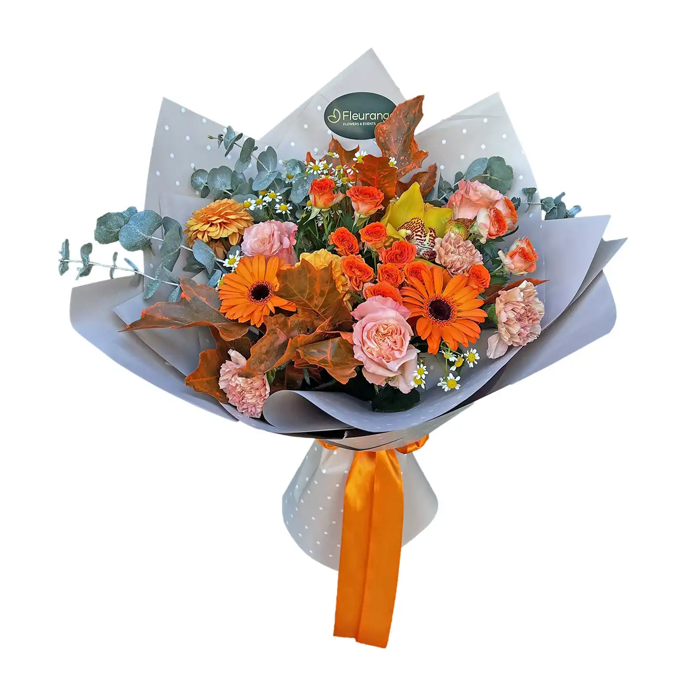 Buchet Orange Autumn – dalii, orhidee cymbidium, trandafiri portocalii, Fleurange Baia Mare