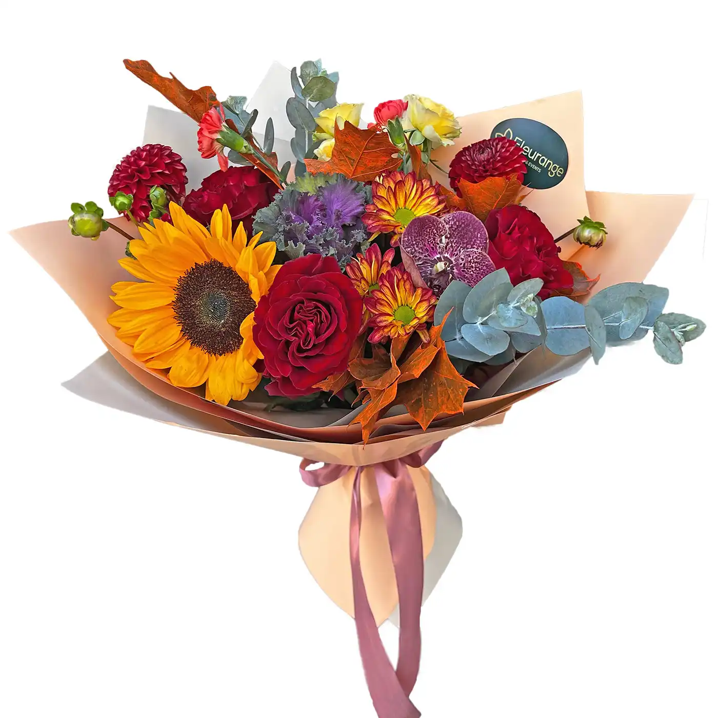 Buchet Poveste de Toamna – dalii, orhidee vanda, brasica ornamentala, trandafiri, Fleurange Baia Mare