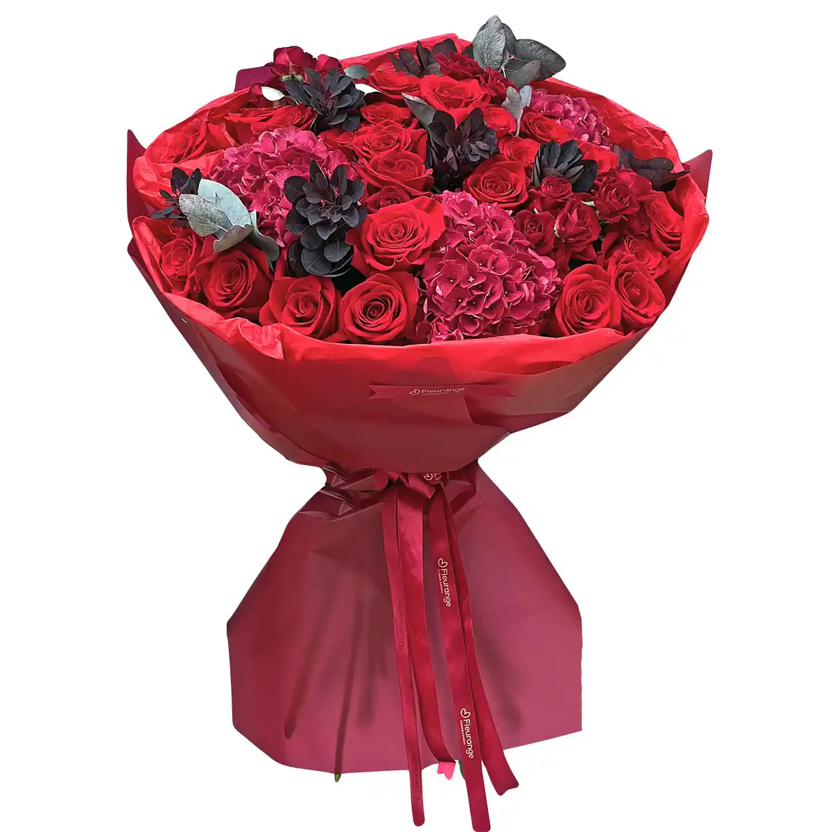 Flori de Toamna in Baia Mare - Buchet Red Velvet - 27 trandafiri rosii si cotinus burgundy, Fleurange Baia Mare