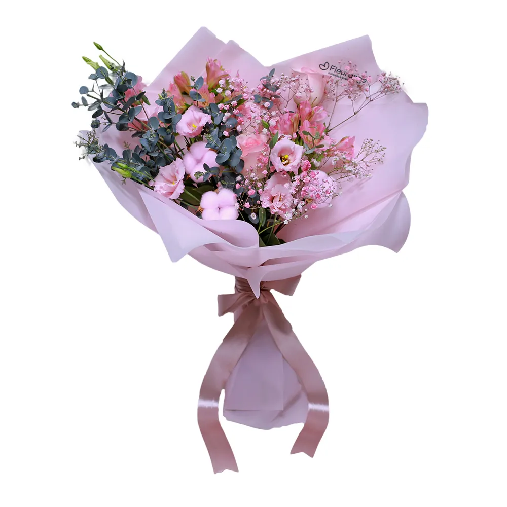 Buchet Serenity – trandafiri, bumbac, gypsophila, lisianthus, roz pastel, Fleurange Baia Mare