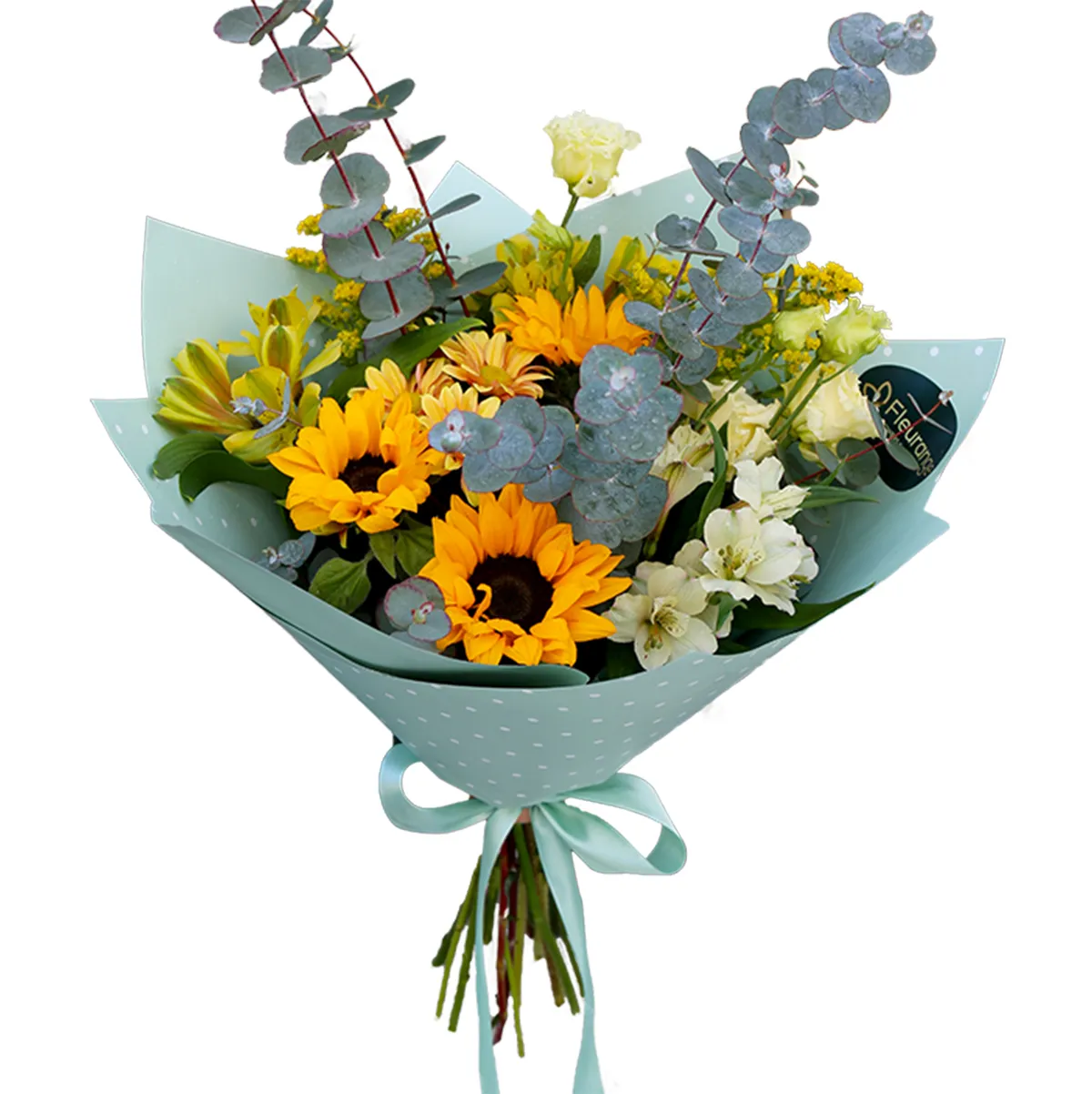 Flori Pentru Bunica - Buchet Sunrise in Your Eyes – floarea soarelui crini peruvieni piersica auriu, Fleurange Baia Mare
