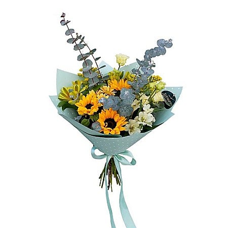 Pentru Bunica - Buchet Sunrise in Your Eyes – Floarea Soarelui, Crizantemă, Solidago și Alstroemeria