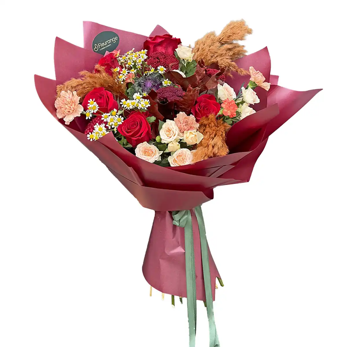 Buchet Toamna Magica – dalii, pampas, achillea, trandafiri cappuccino, Fleurange Baia Mare