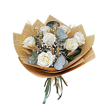 Pentru Mama - Buchet cu 7 Trandafiri, Spice de Grâu și Eucalipt – Aranjament Rustic Elegant