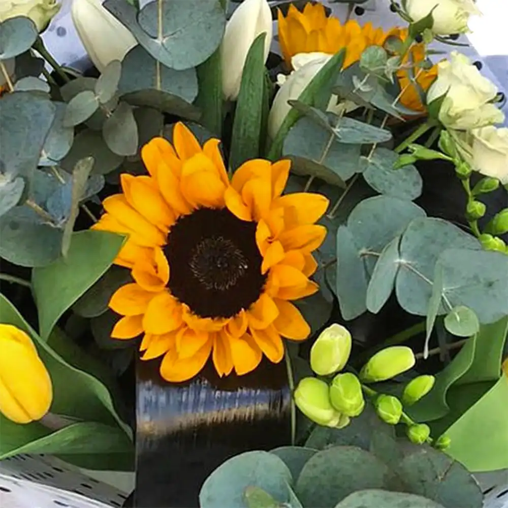 Buchet White and Yellow – lalele albe și galbene, floarea soarelui, Fleurange Baia Mare [1]