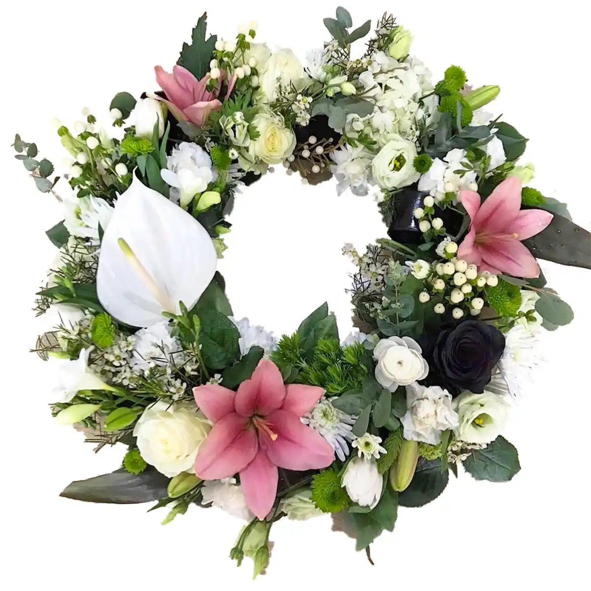 Funerar - Coroana Funerara Omagiu – crini trandafiri lisianthus garoafe albe, Fleurange Baia Mare