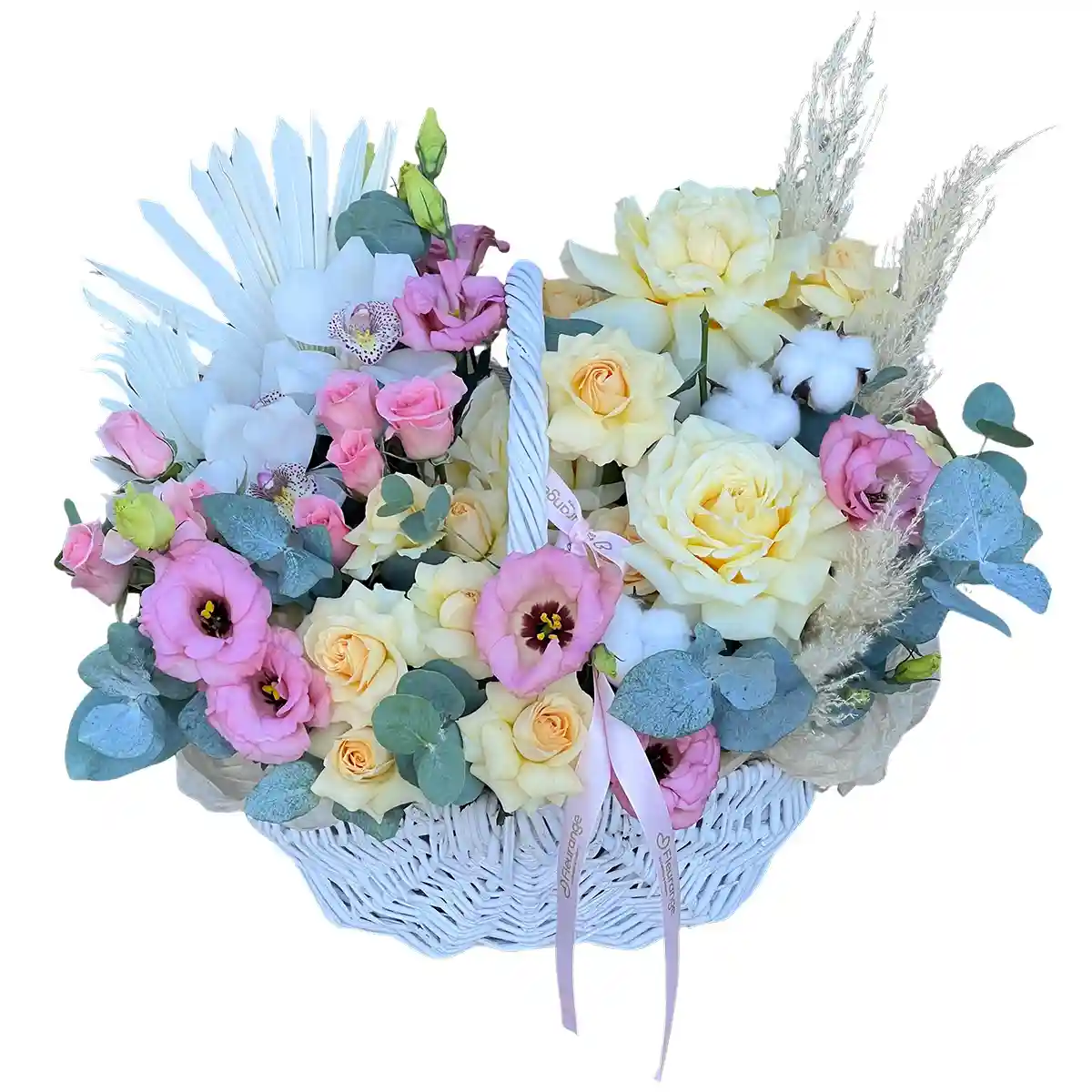 Cos cu Flori Diafan - trandafiri, cymbidium si lisianthus roz, Fleurange Baia Mare