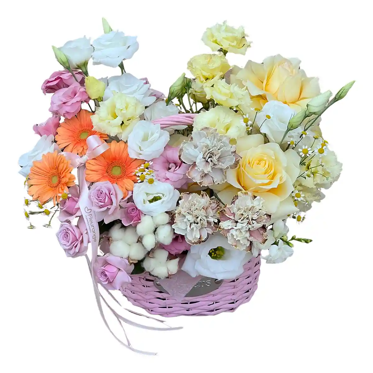 Aranjamente Florale - Cos cu Flori Mixte si Bumbac – germini, lisianthus, trandafiri, bumbac in cos nuiele, Fleurange Baia Mare