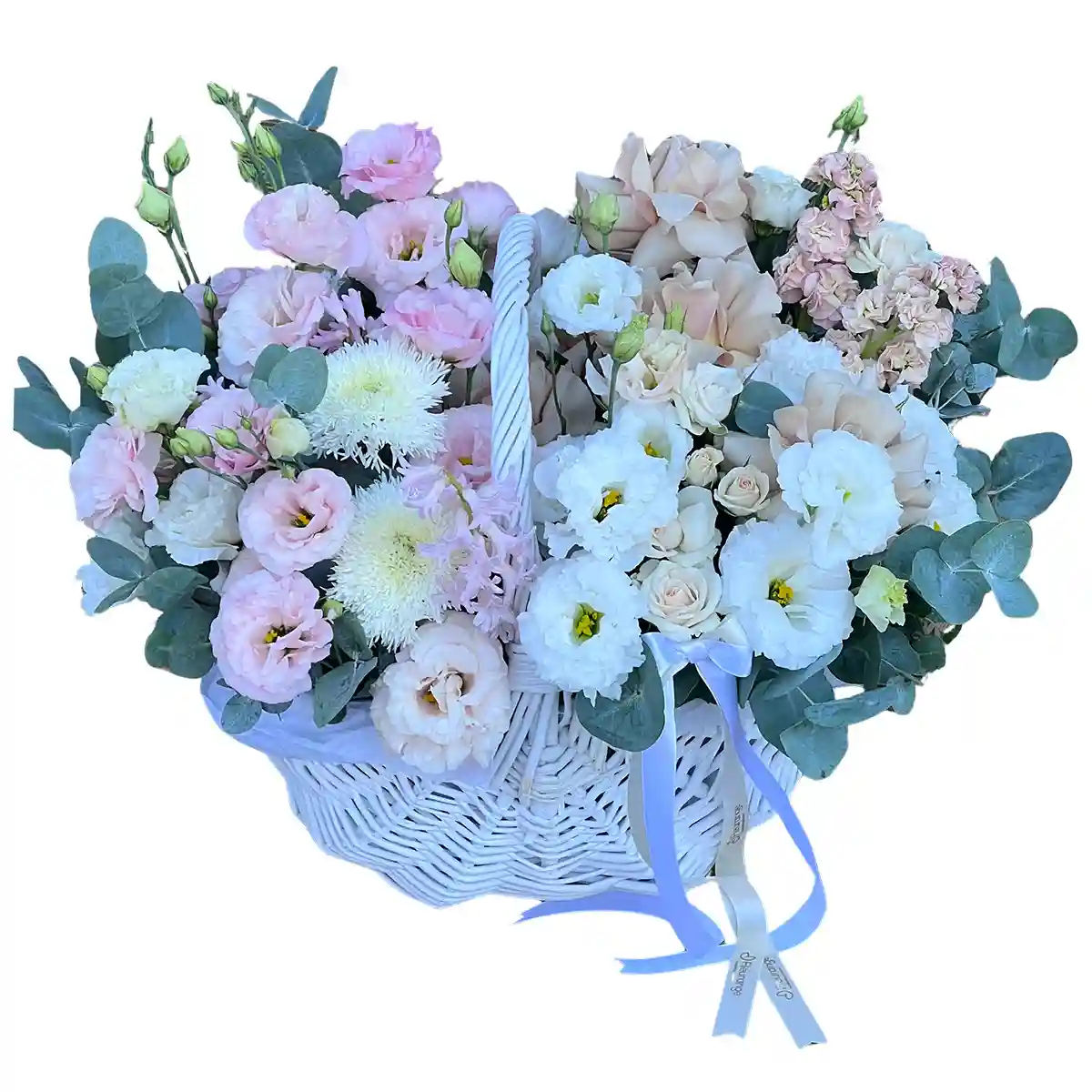 Cosuri cu Flori - Cos cu Flori Pearl Elegant – trandafiri, lisianthus, matiole roz si alb, Fleurange Baia Mare