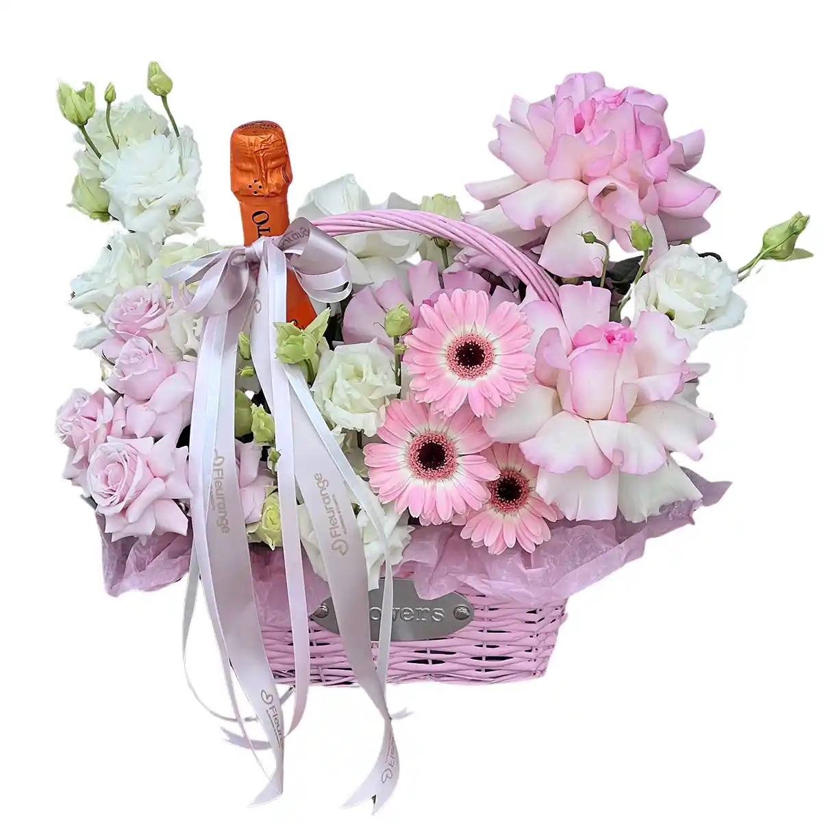 Cosuri cu Flori - Cos cu Flori si Prosecco Mionetto – germini, trandafiri petalati, lisianthus in cos nuiele, Fleurange Baia Mare