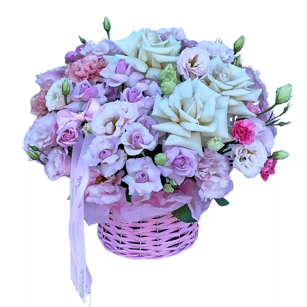 Cosuri cu Flori in Baia Mare - Cos Farmece - trandafiri, garoafe si lisianthus mov, Fleurange Baia Mare
